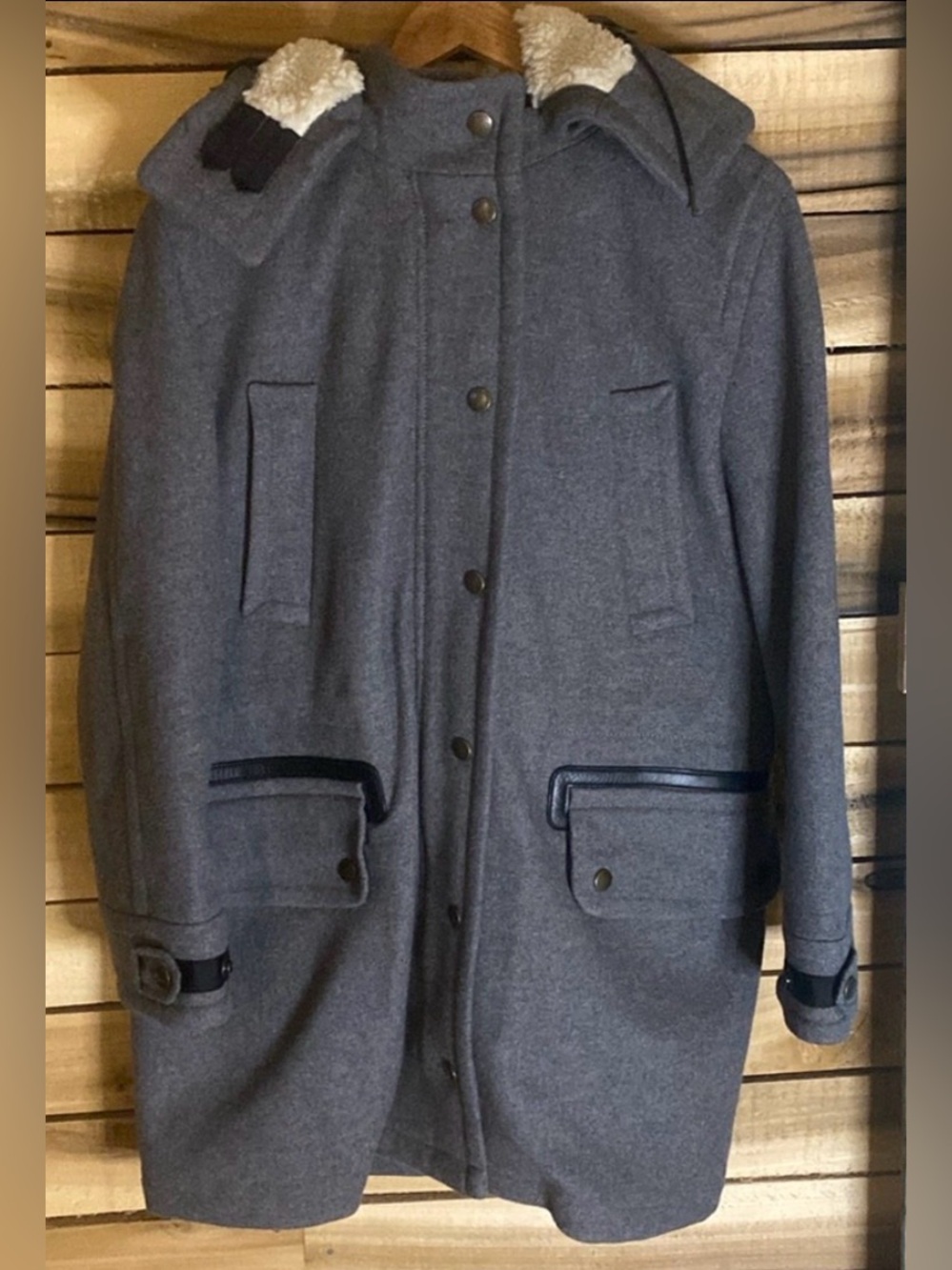 Coach Women Gray Wool & LeathPea Coat Sherpa Collar Warm Hooded Winter Jacket